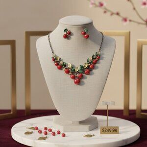 Vintage Retro Style Red Cherry Necklace & Earrings Set Cute Fruit Charm Chain
